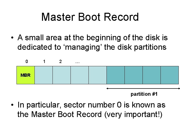 Master Boot Record • A small area at the beginning of the disk is