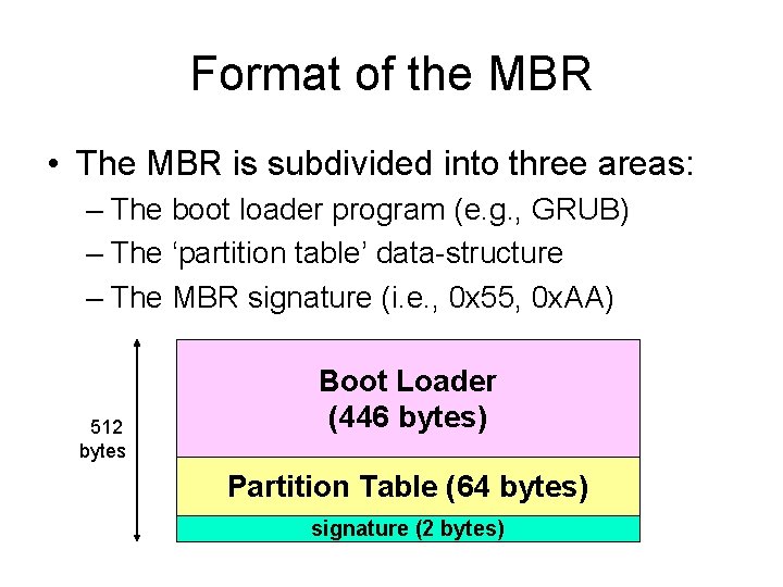 Format of the MBR • The MBR is subdivided into three areas: – The