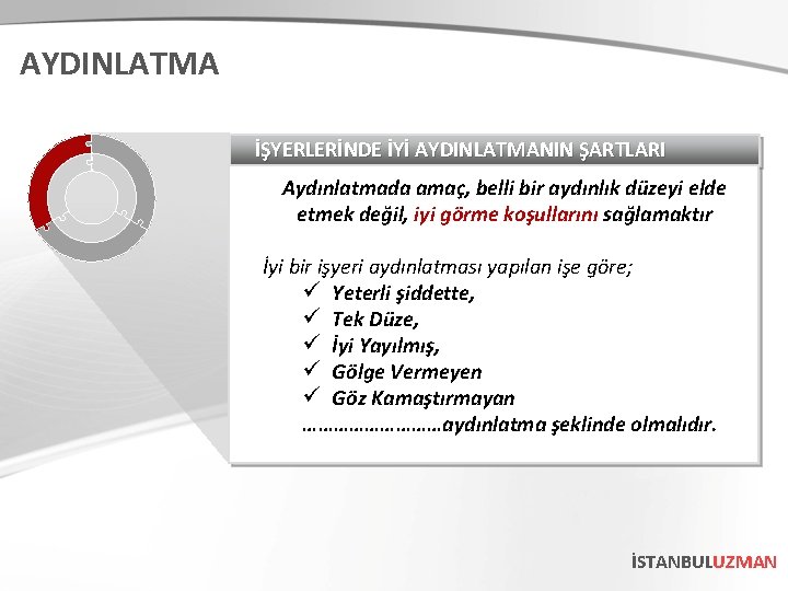 AYDINLATMA İŞYERLERİNDE İYİ AYDINLATMANIN ŞARTLARI Aydınlatmada amaç, belli bir aydınlık düzeyi elde etmek değil,