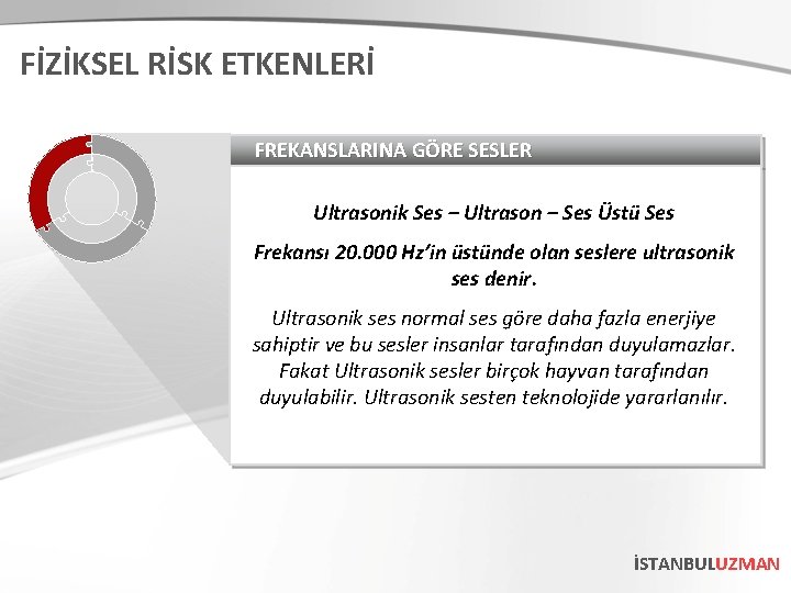 FİZİKSEL RİSK ETKENLERİ FREKANSLARINA GÖRE SESLER Ultrasonik Ses – Ultrason – Ses Üstü Ses