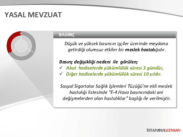 YASAL MEVZUAT BASINÇ Düşük ve yüksek basıncın işçiler üzerinde meydana getirdiği olumsuz etkiler bir