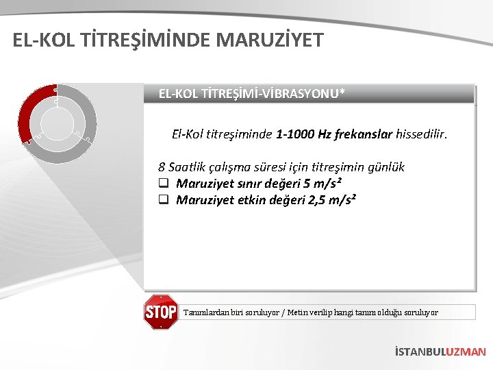 EL-KOL TİTREŞİMİNDE MARUZİYET EL-KOL TİTREŞİMİ-VİBRASYONU* El-Kol titreşiminde 1 -1000 Hz frekanslar hissedilir. 8 Saatlik