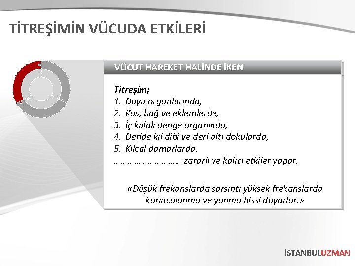 TİTREŞİMİN VÜCUDA ETKİLERİ VÜCUT HAREKET HALİNDE İKEN Titreşim; 1. Duyu organlarında, 2. Kas, bağ