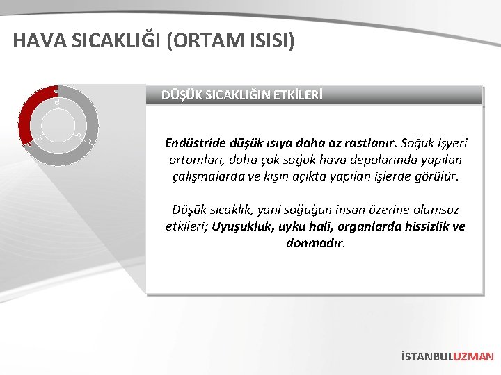 HAVA SICAKLIĞI (ORTAM ISISI) DÜŞÜK SICAKLIĞIN ETKİLERİ Endüstride düşük ısıya daha az rastlanır. Soğuk