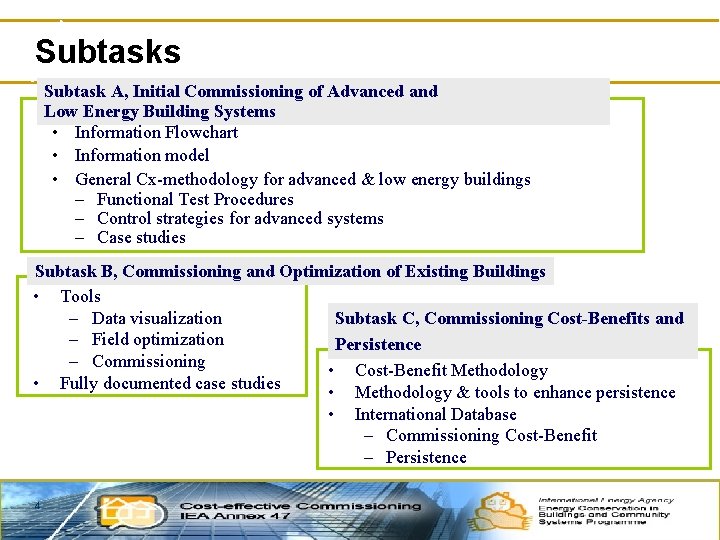 Subtasks Subtask A, Initial Commissioning of Advanced and Low Energy Building Systems • Information