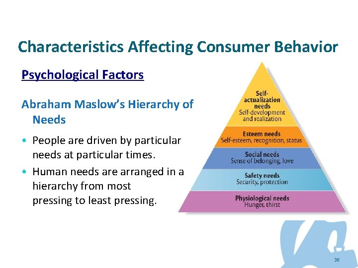 Characteristics Affecting Consumer Behavior Psychological Factors Abraham Maslow’s Hierarchy of Needs • People are