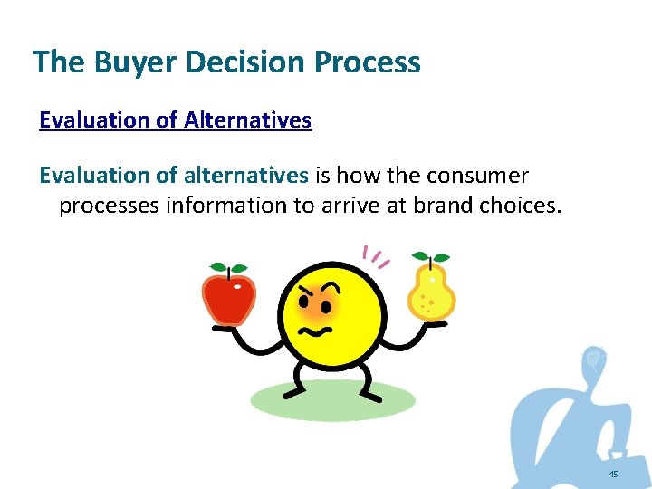 The Buyer Decision Process Evaluation of Alternatives Evaluation of alternatives is how the consumer