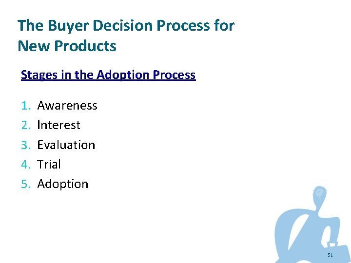 The Buyer Decision Process for New Products Stages in the Adoption Process 1. 2.