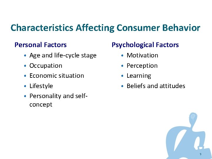 Characteristics Affecting Consumer Behavior Personal Factors Psychological Factors • Age and life-cycle stage •