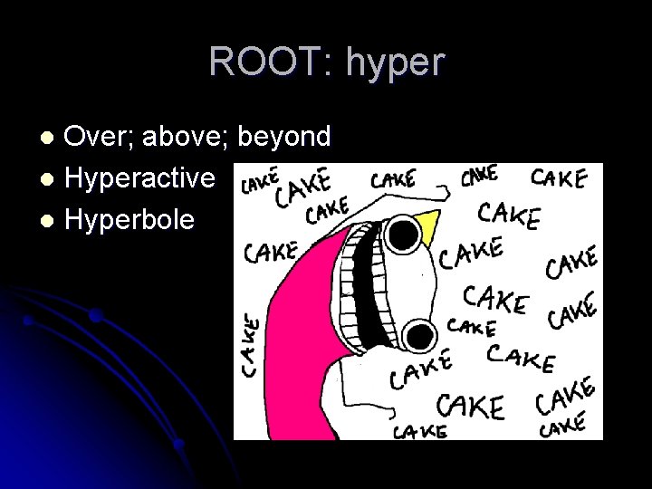 ROOT: hyper Over; above; beyond l Hyperactive l Hyperbole l 