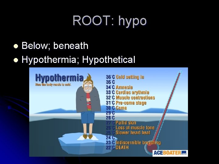 ROOT: hypo Below; beneath l Hypothermia; Hypothetical l 