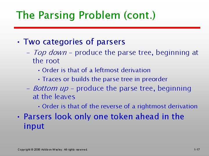 The Parsing Problem (cont. ) • Two categories of parsers – Top down -