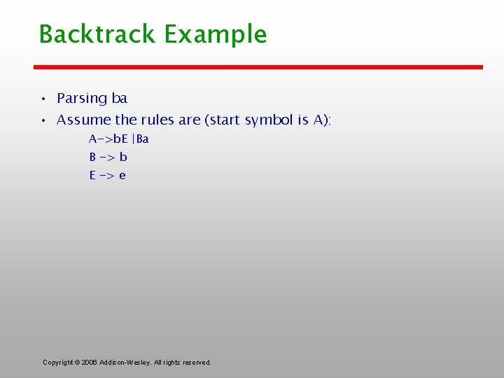 Backtrack Example • Parsing ba • Assume the rules are (start symbol is A):