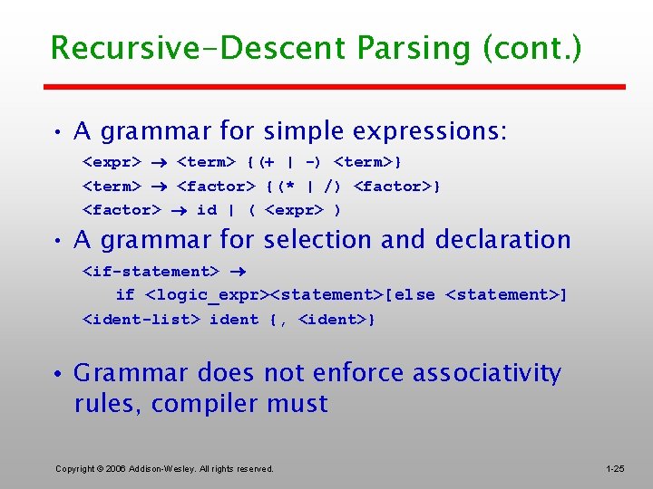 Recursive-Descent Parsing (cont. ) • A grammar for simple expressions: <expr> <term> {(+ |