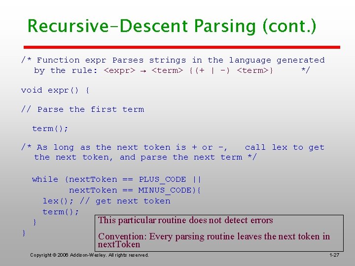 Recursive-Descent Parsing (cont. ) /* Function expr Parses strings in the language generated by