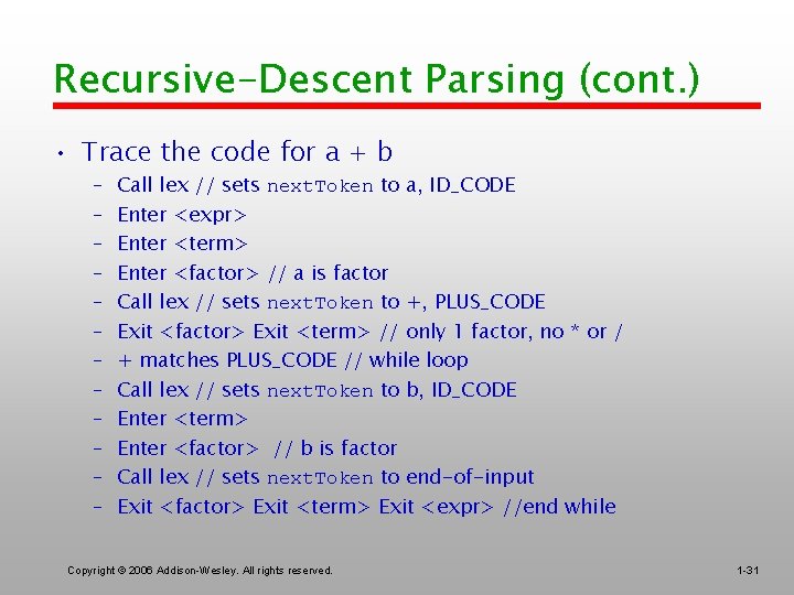 Recursive-Descent Parsing (cont. ) • Trace the code for a + b – –