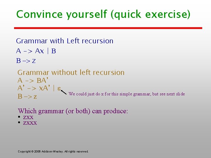 Convince yourself (quick exercise) Grammar with Left recursion A -> Ax | -> z