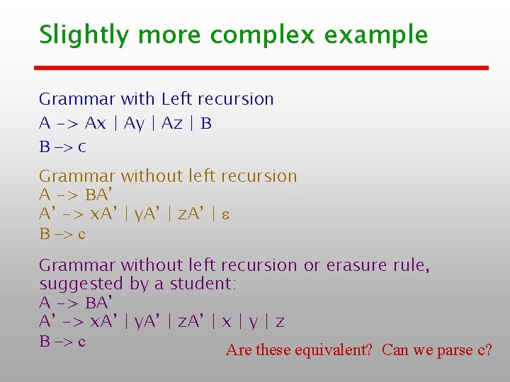 Slightly more complex example Grammar with Left recursion A -> Ax | Ay |