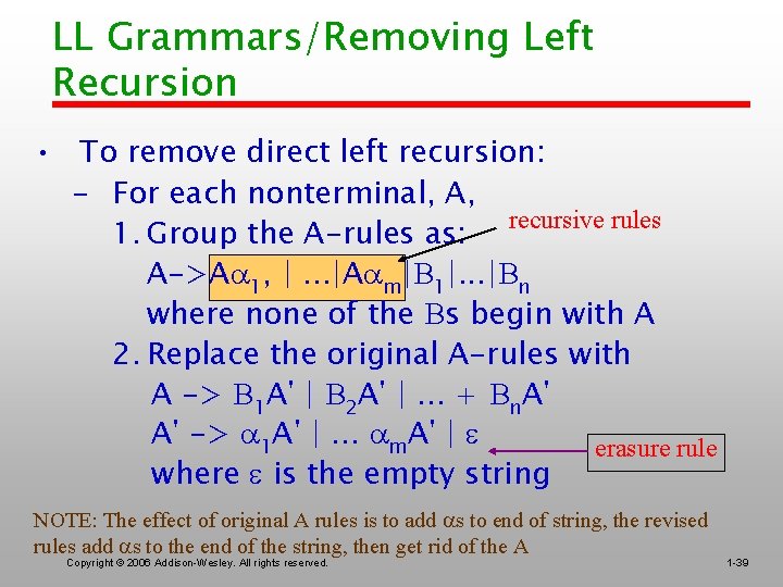 LL Grammars/Removing Left Recursion • To remove direct left recursion: – For each nonterminal,