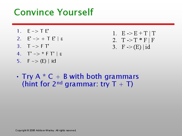 Convince Yourself 1. 2. 3. 4. 5. E -> T E' E' -> +