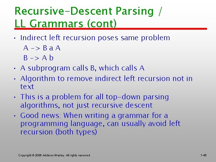 Recursive-Descent Parsing / LL Grammars (cont) • Indirect left recursion poses same problem A