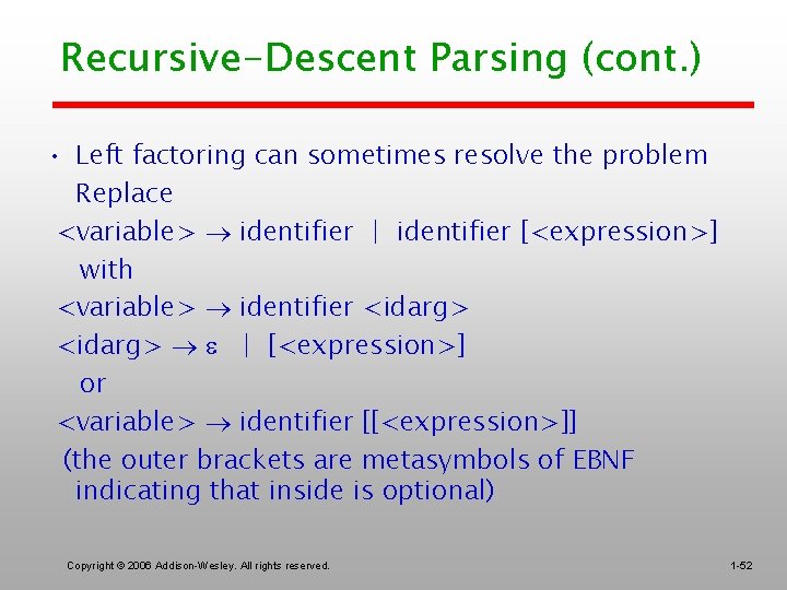 Recursive-Descent Parsing (cont. ) • Left factoring can sometimes resolve the problem Replace <variable>