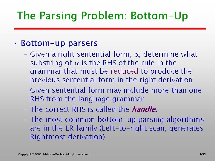 The Parsing Problem: Bottom-Up • Bottom-up parsers – Given a right sentential form, ,