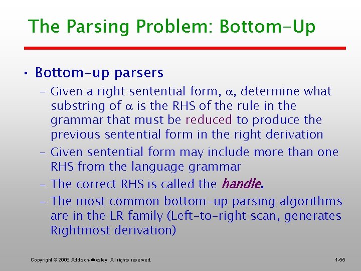 The Parsing Problem: Bottom-Up • Bottom-up parsers – Given a right sentential form, ,