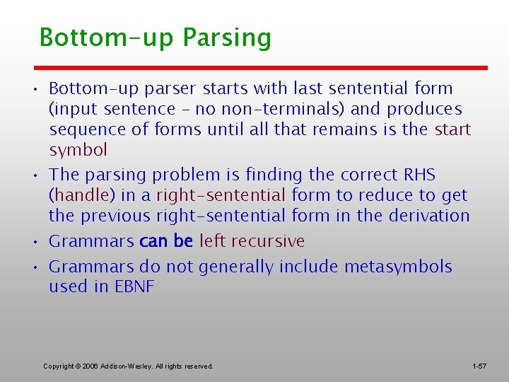 Bottom-up Parsing • Bottom-up parser starts with last sentential form (input sentence – no