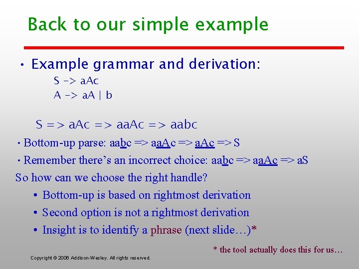 Back to our simple example • Example grammar and derivation: S -> a. Ac