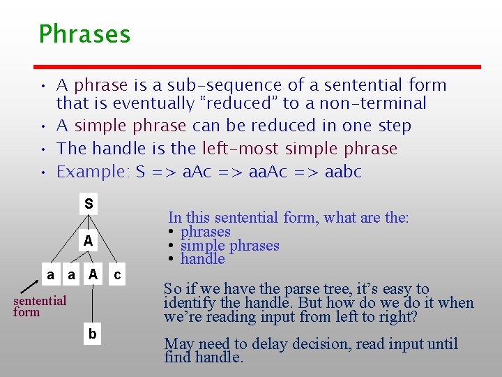 Phrases • A phrase is a sub-sequence of a sentential form that is eventually