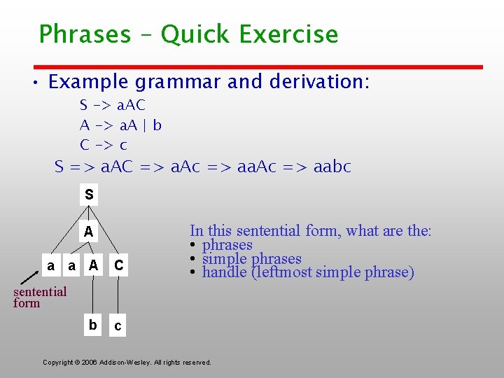 Phrases – Quick Exercise • Example grammar and derivation: S -> a. AC A