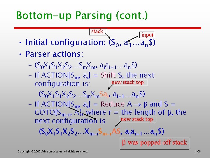 Bottom-up Parsing (cont. ) stack input • Initial configuration: (S 0, a 1…an$) •
