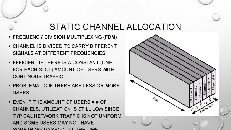 STATIC CHANNEL ALLOCATION • FREQUENCY DIVISION MULTIPLEXING (FDM) • CHANNEL IS DIVIDED TO CARRY