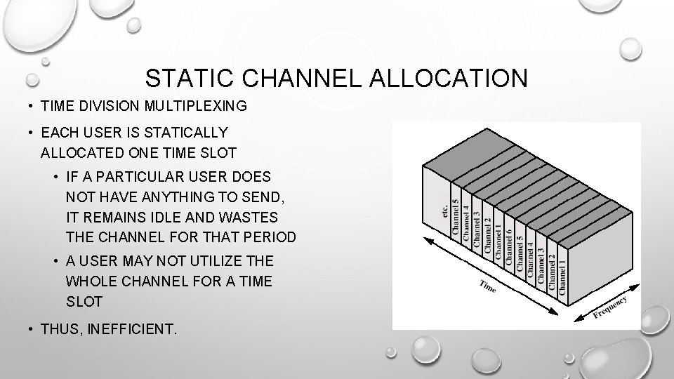 STATIC CHANNEL ALLOCATION • TIME DIVISION MULTIPLEXING • EACH USER IS STATICALLY ALLOCATED ONE