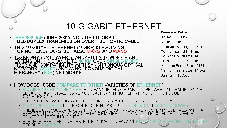 10 -GIGABIT ETHERNET • IEEE 802. 3 AE (JUNE 2002) INCLUDES 10 GBPS FULL-DUPLEX