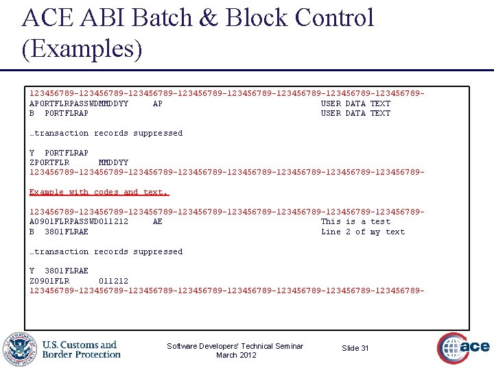 ACE ABI Batch & Block Control (Examples) 123456789 -123456789 -123456789 -123456789 -123456789 APORTFLRPASSWDMMDDYY AP