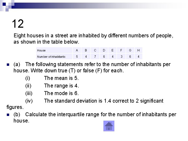 12 Eight houses in a street are inhabited by different numbers of people, as