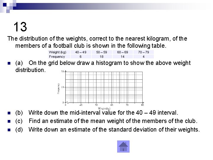 13 The distribution of the weights, correct to the nearest kilogram, of the members