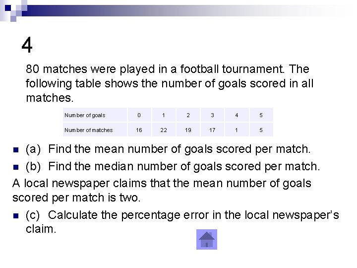 4 80 matches were played in a football tournament. The following table shows the