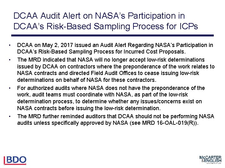 DCAA Audit Alert on NASA’s Participation in DCAA’s Risk-Based Sampling Process for ICPs •