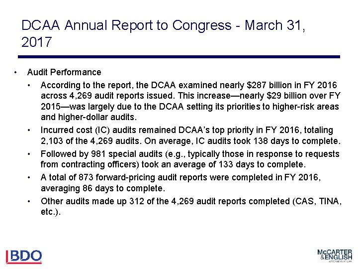 DCAA Annual Report to Congress - March 31, 2017 • Audit Performance • According