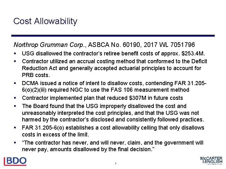 Cost Allowability Northrop Grumman Corp. , ASBCA No. 60190, 2017 WL 7051796 § §