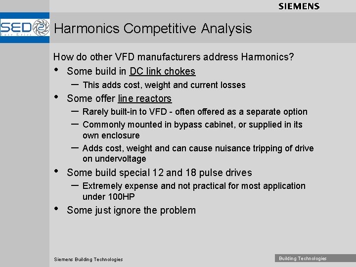 Harmonics Competitive Analysis How do other VFD manufacturers address Harmonics? • Some build in