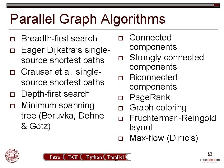 Parallel Graph Algorithms o o o Breadth-first search Eager Dijkstra’s singlesource shortest paths Crauser