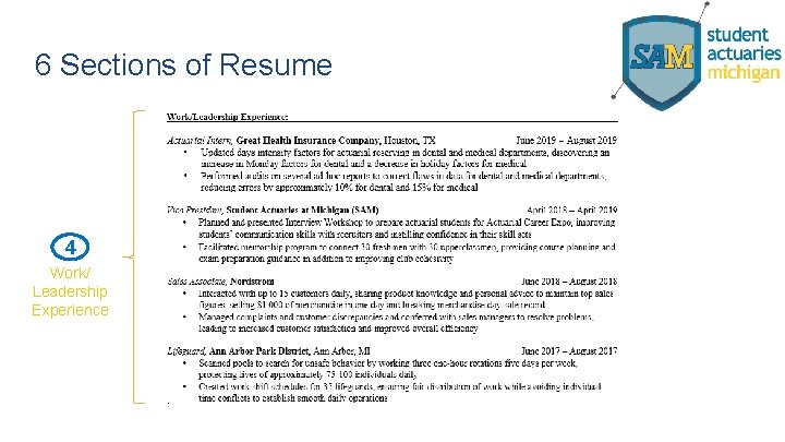 6 Sections of Resume 4 Work/ Leadership Experience 