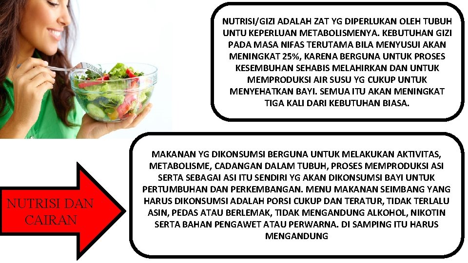 NUTRISI/GIZI ADALAH ZAT YG DIPERLUKAN OLEH TUBUH UNTU KEPERLUAN METABOLISMENYA. KEBUTUHAN GIZI PADA MASA