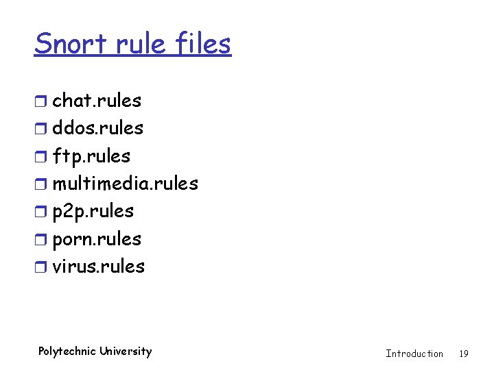 Snort rule files r chat. rules r ddos. rules r ftp. rules r multimedia.