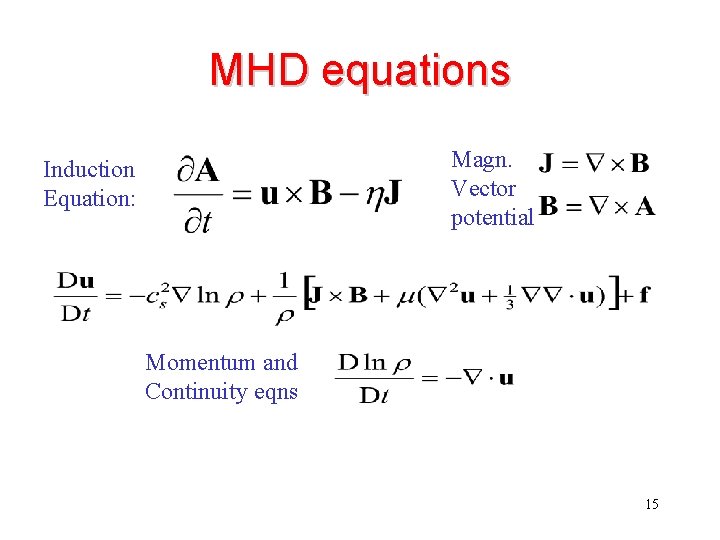 MHD equations Magn. Vector potential Induction Equation: Momentum and Continuity eqns 15 