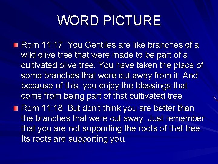WORD PICTURE Rom 11: 17 You Gentiles are like branches of a wild olive